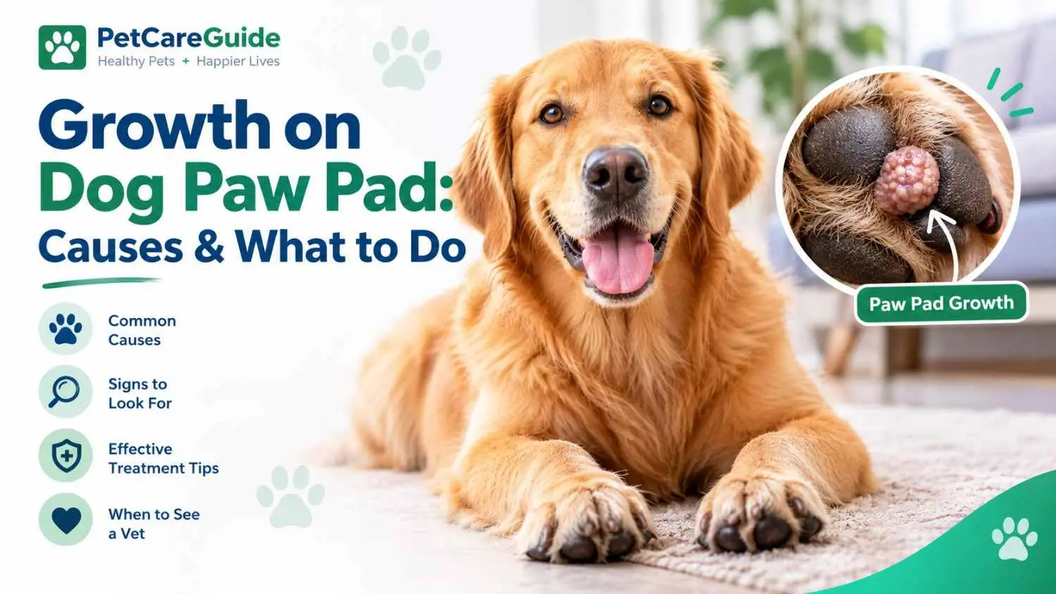 Growth on dog paw pad showing a visible paw pad growth, common causes, warning signs, treatment tips, and when to see a vet.