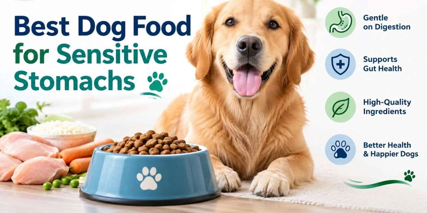Best dog food for sensitive stomachs guide featuring a healthy dog and nutritious dog food ingredients.